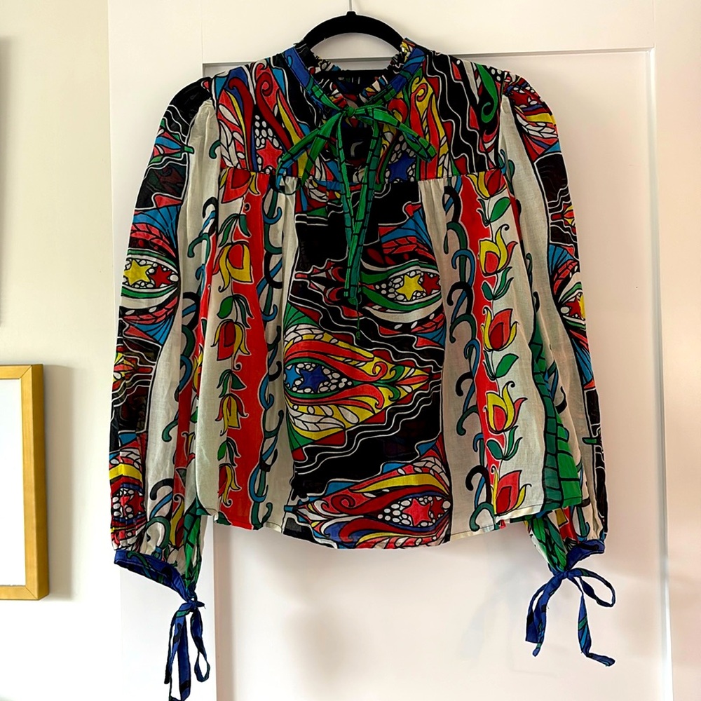 Warm Multi Colored Blouse With Ruffle Collar And … - image 1